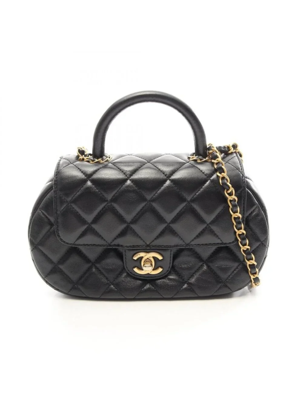Chanel Shoulder Bag Quilted Top Handle 2-Way Black Lambskin Chain